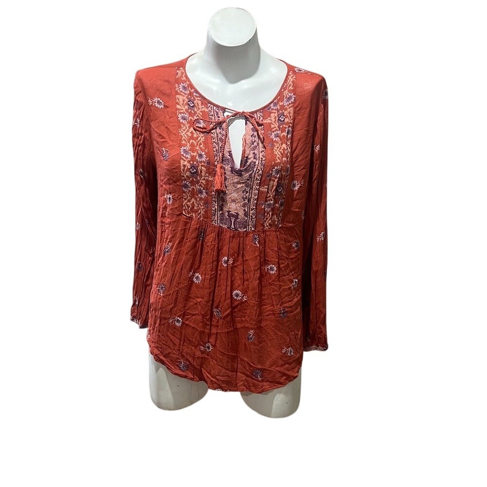 Lucky Brand Blouse Womens Size L Orange Floral Boho Peasant Tie Neck